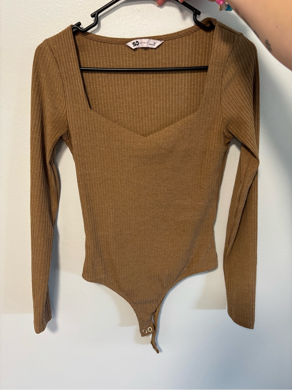 SO Ribbed Square Neck Long Sleeve Bodysuit in Brown